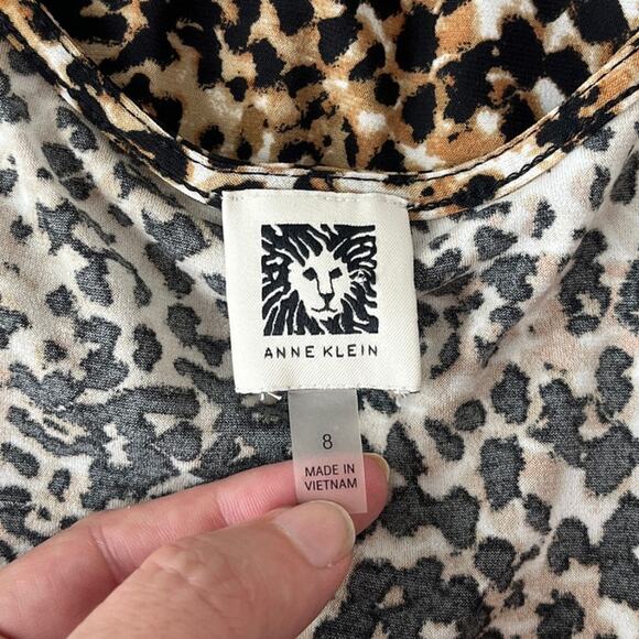 Anne Klein Leopard Faux Wrap Dress 8 Brown Y2K Mob Wife Tie Deep V-Neck Career - Picture 8 of 12